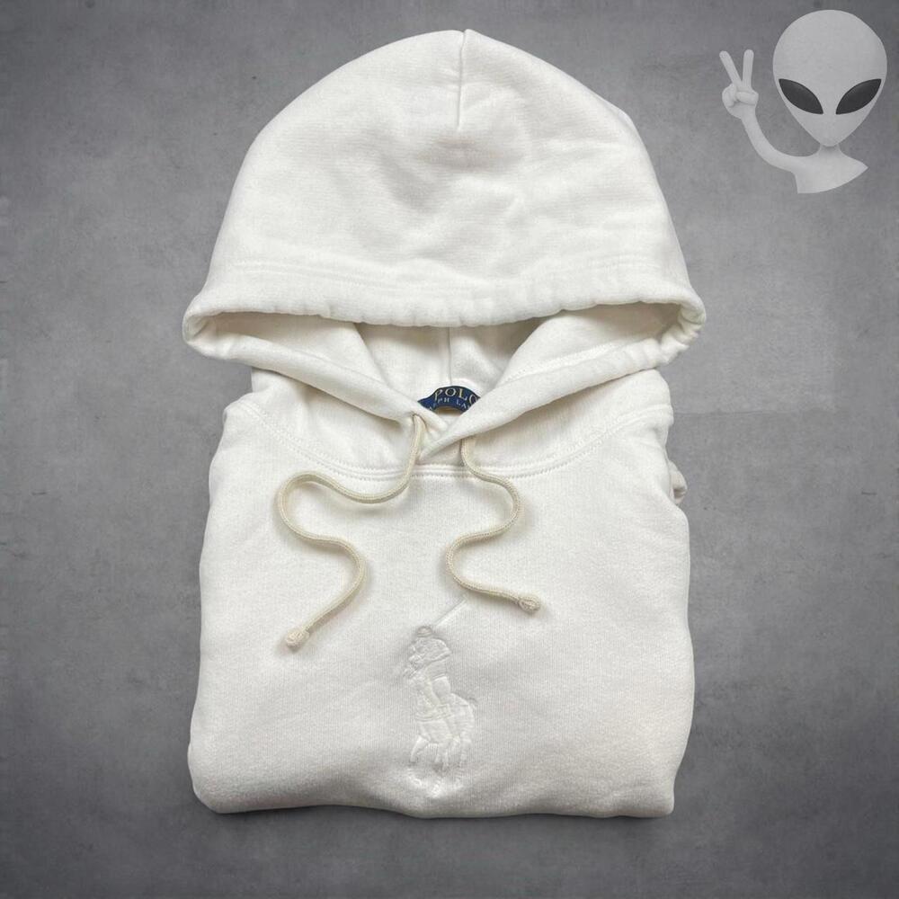 Polo Ralph Lauren Hoodie Small White Big Pony Pullover Sweatshirt Preppy - Picture 1 of 4